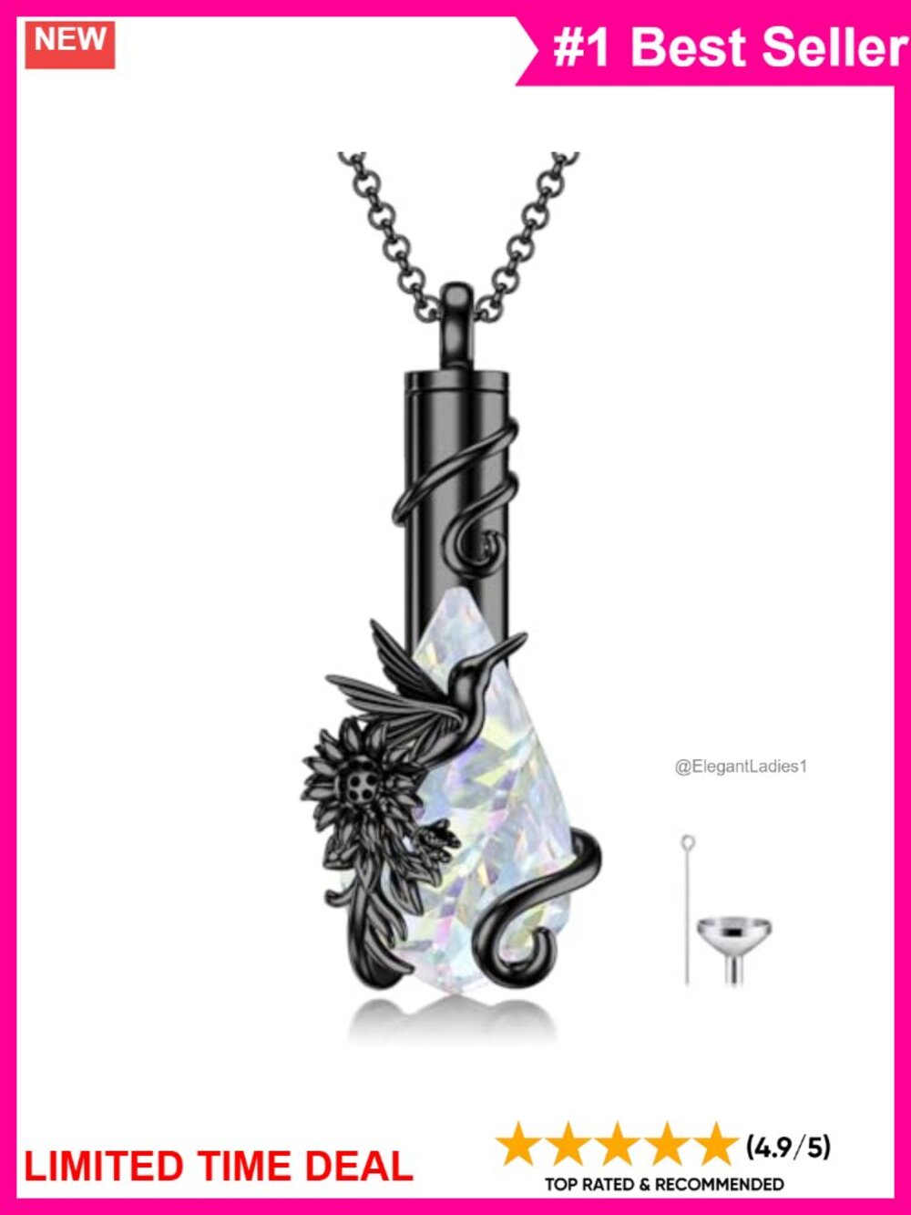 925 Sterling Silver Hummingbird Urn Necklace Crystal Keepsake Memorial Jewelry
